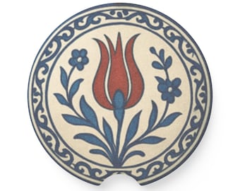Posavasos para coche con diseño de tulipanes, inserto para portavasos con estampado floral mediterráneo, accesorio bohemio para coche.