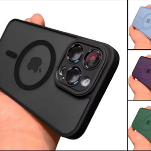 May include: Black phone case with a magnetic circle and Apple logo. The case has a camera lens protector. Additional cases are shown in blue, purple, and green.