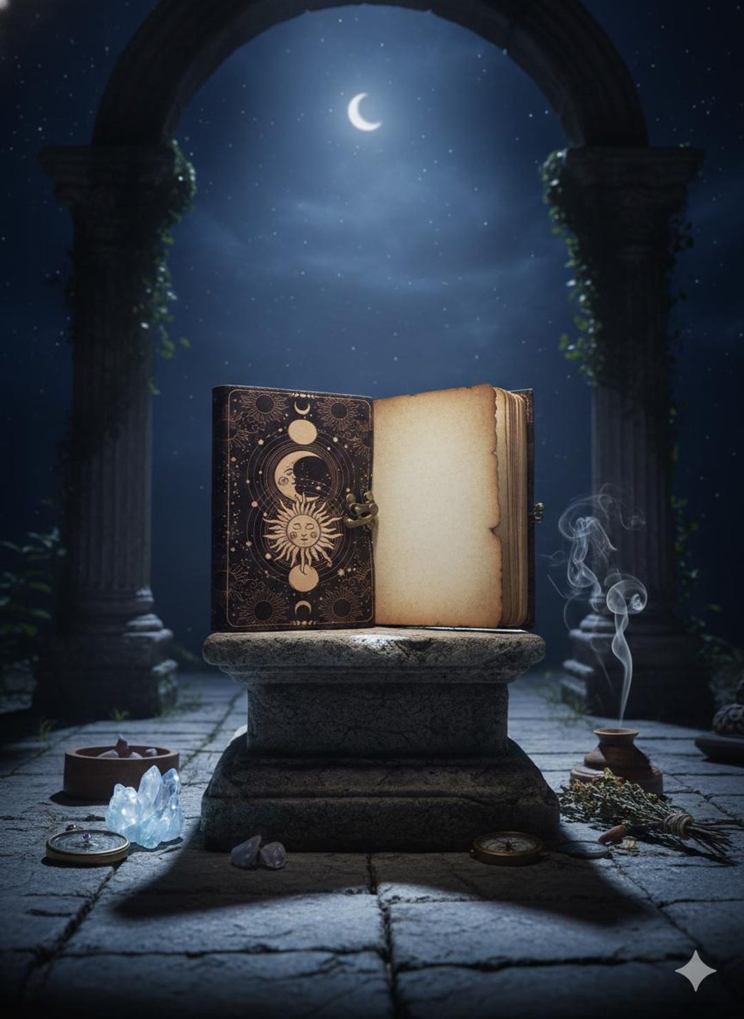 Celestial Leather Journal - Sun & Moon Embossed Grimoire, Antique Paper ...