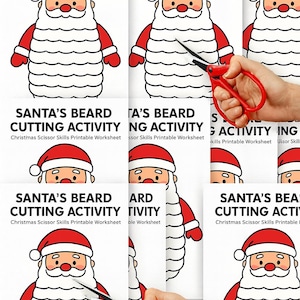 May include: A Christmas-themed printable worksheet featuring Santa Claus with a white beard and red suit. The text reads "SANTA'S BEARD CUTTING ACTIVITY". A hand holds red scissors, demonstrating the cutting activity.