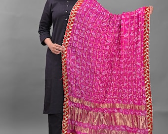Pink Bandhani Dupatta | Gota Patti Art Silk Stole