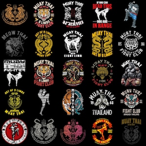 Può includere: Una collezione di venticinque distinti design grafici a tema Muay Thai, che includono tigri, draghi, gorilla e combattenti in varie posizioni, con elementi testuali come Muay Thai, Art of 8 Limbs e Fight Club su uno sfondo nero.