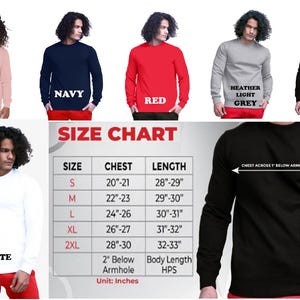 May include: A variety of long-sleeve crew neck sweatshirts in pink, navy, red, heather light grey, black, and white. A size chart shows chest and length measurements in inches, ranging from size S to 2XL.