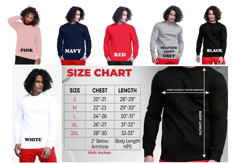 May include: A variety of long-sleeve crew neck sweatshirts in pink, navy, red, heather light grey, black, and white. A size chart shows chest and length measurements in inches, ranging from size S to 2XL.