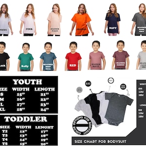 May include: A product image showcasing various t-shirts and bodysuits in different colors, including white, pink, orange, and navy. The image also displays size charts for youth and toddler sizes, with measurements in inches.