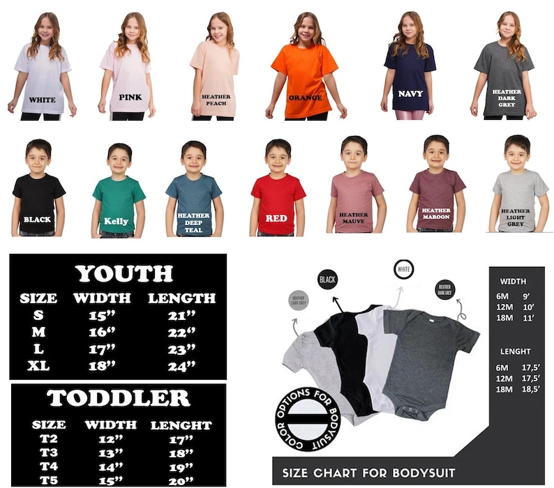 May include: A product image showcasing various t-shirts and bodysuits in different colors, including white, pink, orange, and navy. The image also displays size charts for youth and toddler sizes, with measurements in inches.