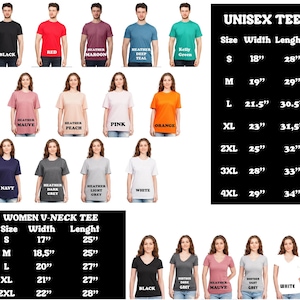 May include: A collection of unisex and women's V-neck t-shirts in various colors, including black, red, and navy. Size charts for both styles are displayed, with measurements in inches for width and length. The shirts are available in sizes S to 4XL.
