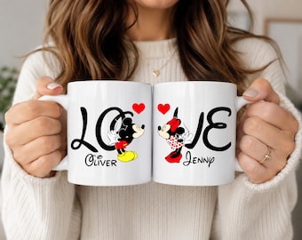 Tazza personalizzata con Topolino e Minnie, tazza Disney personalizzata per coppie, tazza da caffè abbinata per coppie, regalo di San Valentino, tazza con nome per coppie