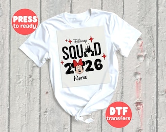 Transfer DTF Disney Squad 2026, gotowy do druku projekt rodzinnej wycieczki Disney, spersonalizowane imię na termotransferze