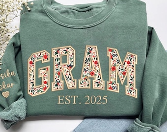 Custom Gram Sweatshirt, Personalized Grandma Floral Applique Embroidered Sweater, Christmas Gifts For Grandma, Gigi, Nana, New Grandma Gifts