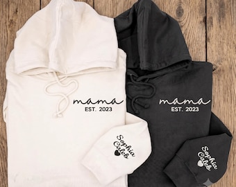 Custom Embroidered Mama Hoodie Sweatshirt, Custom Children Kids Names On Sleeve, Personalized Gift for Mom Grandma, Grandparent Gifts