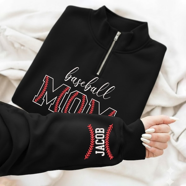Embroidered Baseball Quarter Zip Pullover, High School Baseball Mom Crewneck, Bella Canvas Personalized Number, Sports Mom Spirit Wear