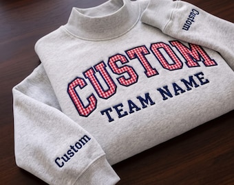 Embroidered Custom Varsity Applique Mockneck Sweatshirt, Personalized College Name Crewneck, Patchwork Embroidery Gift, Preppy Pullover