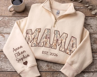 Embroidered Custom Mama Floral Applique Sweatshirt, Mom Quarter Zip Sweatshirt, Personalized Floral Grandma Sweatshirt, New Mom Gifts