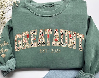 Custom Great Aunt Sweatshirt, Personalized Auntie Floral Applique Embroidered Sweater, Christmas Gifts For Grandma, New Grandma Gift