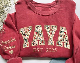 Custom Yaya Sweatshirt, Personalized Grandma Floral Applique Embroidered Sweater, Christmas Gifts For Yaya, Gigi, Nana, New Grandma Gifts