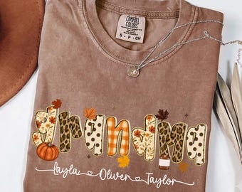 Custom Fall Grandma Shirt, Grandma Shirt with Kids Name, Leopard Floral Grandma Tee, Autumn Grandma Sweatshirt, Thanksgiving Shirt