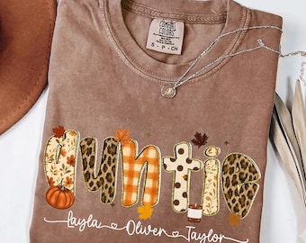 Comfort Colors® Leopard Auntie T-Shirt, Pumpkin Mama Shirt, Checkered Auntie Shirt, Halloween Auntie Gift, Fall Auntie Shirt, Fall Cute Aunt