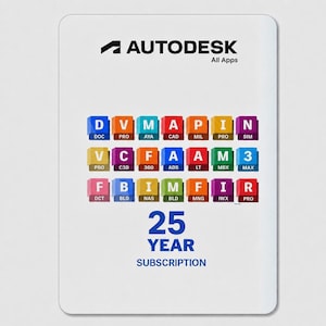 May include: A white card with the Autodesk logo and "All Apps" text. It features colorful blocks with software abbreviations and a "25 YEAR SUBSCRIPTION" message in blue.