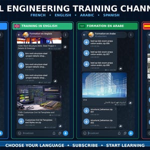 May include: A digital interface displaying Civil Engineering Training Channels with four distinct columns for French, English, Arabic, and Spanish. Each column features chat-style lists of downloadable files, technical graphics, and educational content.