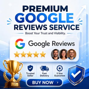 Puede incluir: Un gráfico digital que promociona un servicio de reseñas de Google Premium. El texto dice Premium Google Reviews Service, Boost Your Trust and Visibility, Google Reviews, Trusted Seller, Fast Delivery, 5 Star Guarantee y Buy Now.