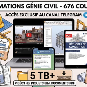 May include: An image promoting civil engineering courses, featuring a laptop, tablet, and smartphone displaying course content. The image includes a hard hat, blueprints, and various course documents. Text on the image reads "PACK FORMATIONS GÉNIE CIVIL - 676 COURS INCLUS".