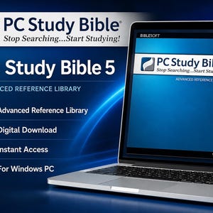 Könnte beinhalten: Ein Laptop, der die Benutzeroberfläche der Software PC Study Bible 5 anzeigt. Der Bildschirm zeigt das Biblesoft-Logo und den Text Stop Searching...Start Studying! Der Hintergrund enthält blaue Grafiken mit Symbolen für Advanced Reference Library, Digital Download, Instant Access und For Windows PC.