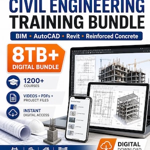 May include: A promotional image for a civil engineering training bundle. The image features a laptop, smartphone, and tablet displaying architectural designs. Text includes "Civil Engineering Training Bundle," "8TB+ Digital Bundle," and "1200+ Courses." The image also shows a hard hat and rolled blueprints.