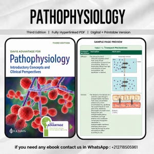 Puede incluir: Un libro de texto digital titulado "Pathophysiology" con el texto "Davis Advantage for Pathophysiology Introductory Concepts and Clinical Perspectives". La imagen incluye diagramas de procesos celulares y el texto "Third Edition | Fully Hyperlinked PDF | Digital + Printable Version."