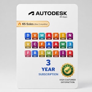May include: A white rectangular card featuring the Autodesk All Apps logo, a 65 sales indicator, and a grid of twenty-one colorful software icons with letter codes. Below, the text reads 3 YEAR SUBSCRIPTION with a gold seal and high customer satisfaction.