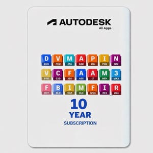 May include: A white card with the Autodesk logo and "All Apps" text. It features colorful blocks with software names and a "10 YEAR SUBSCRIPTION" notice in blue.