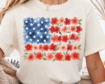 Floral American Flag Shirt for Women, Bella Canvas Patriotic 4th of July Tee, Boho USA Flag T-Shirt, Independence Day Outfit