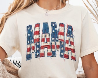 Faux Patchwork Patriotic Mama Tee, Coquette American Mama Gift For Mothers Day, Cottagecore 4th Of July Tshirt, USA Mama Tee