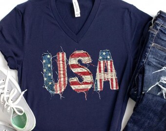 USA Faux Patchwork Bella Canvas V-Neck Shirt, 4. Juli Vneck Tee, Unabhängigkeitstag Tshirt, 250 Jahre Amerika Geschenk