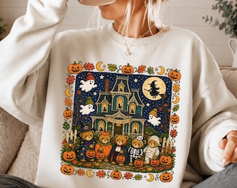 Vintage 90s Bears Halloween Shirt, Trick or Treat Bears Sweatshirt, Haunted House Graphic Shirts, Pumpkin Lover Gift Clothing