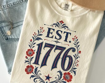 Comfort Colors® Vintage Floral 1776 USA Flagge Shirt, 4. Juli T-Shirt, Vintage Vaterländischen Grafik T-Shirt, Amerikanisches Tshirt
