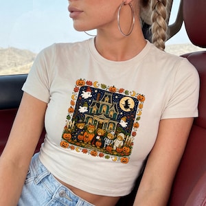 Vintage 90s Bears Halloween Baby Tee, Trick or Treat Bears Crop Top, Haunted House Graphic Bella Canvas® Shirts, Pumpkin Lover Gift Clothing