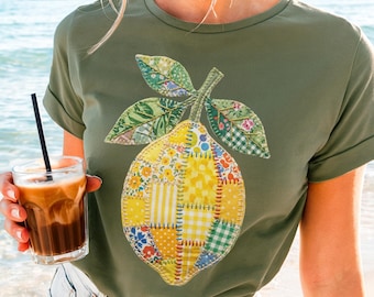 Camiseta de limones con patchwork acolchado falso, regalo vintage de limones, camiseta con estampado floral de limones, camiseta de limones coqueta, camiseta de verano familiar