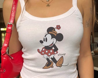 Minnie Maus gerippter Tank, Damen Spaghetti Strap Camisole, Retro Minnie Crop Top, Disney World Urlaubskleidung, niedlicher Mickey-Liebhaber-Geschenk-Behälter