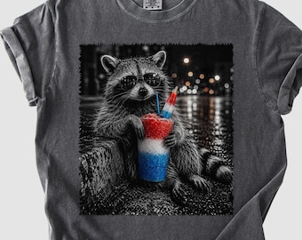 4th of July Raccoon Drinking Patriotic Slushie Comfort Colors® Shirt, Funny American Meme Tee, Red White Blue Popsicle Drink Shirt