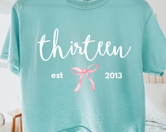 Personalized Thirteenth Birthday Comfort Colors Cropped Tee for Girls, Coquette Bow Boxy Tee, Custom 13th Teen T-Shirt,Birthday Gift for Her