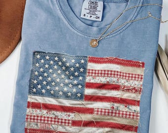 Comfort Colors® Vintage American Flag Shirt, Patchwork USA Tee, Patriotic Graphic Shirt, Fourth of July Shirt, USA Flag Tees, American Flag