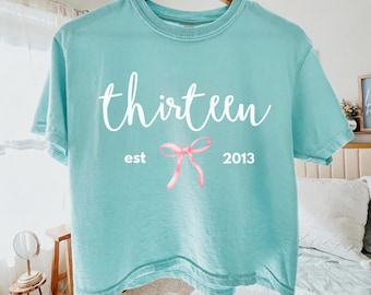 Personalized Thirteenth Birthday Comfort Colors Cropped Tee for Girls, Coquette Bow Boxy Tee, Custom 13th Teen T-Shirt,Birthday Gift for Her