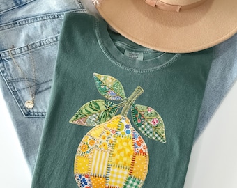 Camiseta de patchwork acolchada imitación limón Comfort Colors, Limón acolchado vintage, Camiseta con estampado floral limón, Camiseta limón coqueta, Camiseta de verano