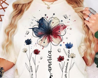 Comfort Colors® USA 250th Anniversary Floral Shirt, 1776–2026 Patriotic Wildflower Tee, America 250 Years Freedom 4th of July Women Boho Tee