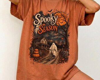 Comfort Colors® Halloween Ghost Shirt Spooky Ghost Biking Tee Gothic Halloween Tshirt Vintage Halloween Pumpkin Shirt Fall Graphic Tee, Gift