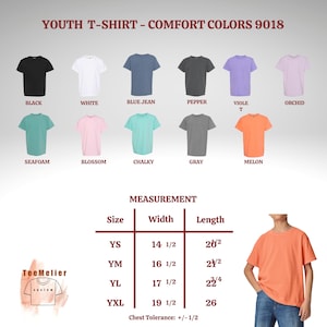 May include: A display of youth t-shirts in various colors, including black, white, blue jean, pepper, violet, orchid, seafoam, blossom, chalky, gray, and melon. Measurements are provided for sizes YS, YM, YL, and YXL, with chest tolerance information.
