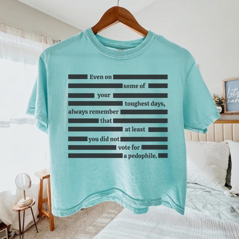 Puede incluir: Una camiseta azul claro con el texto "Even on some of your toughest days, always remember that at least you did not vote for a pedophile." El texto es negro y la camiseta est&aacute; colgada en una percha de madera.