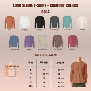 Puede incluir: Exhibici&oacute;n de camisetas de manga larga en varios colores: &ntilde;ame, blanco, negro, pimienta, espuma de mar, marfil, azul vaquero, violeta, arenisca, espresso y ladrillo. Tabla de tallas con medidas en cm.