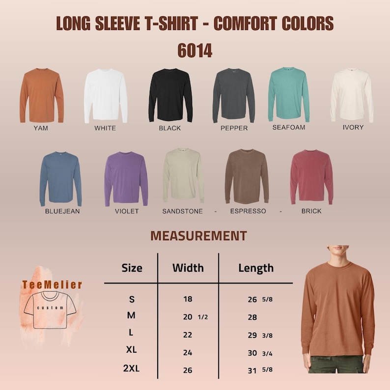 Puede incluir: Exhibici&oacute;n de camisetas de manga larga en varios colores: &ntilde;ame, blanco, negro, pimienta, espuma de mar, marfil, azul vaquero, violeta, arenisca, espresso y ladrillo. Tabla de tallas con medidas en cm.